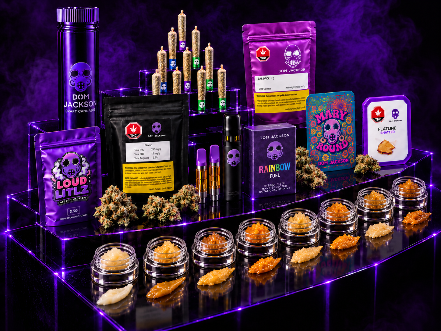 Dom Jackson product family from a three-quarter angle on the purple LED display, with concentrate jars and smears, pre-rolls, vapes, nugs and packaging