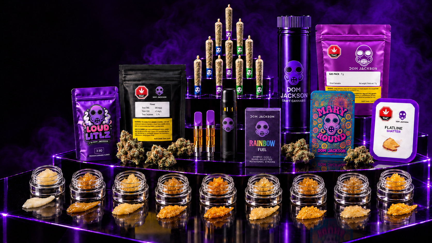 Dom Jackson full product family on the purple LED display
